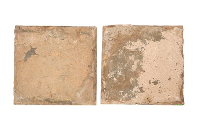 Lot 410 - TWO SAFAVID-STYLE FIGURAL CUERDA SECA POTTERY TILES