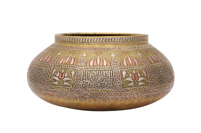 Lot 569 - A COPPER AND SILVER-INLAID BRASS DAMASCUS-WARE BOWL