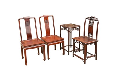 Lot 395 - A PAIR OF CHINESE WOOD CHAIRS TOGETHER WITH A MATCHING CHAIR AND STAND.