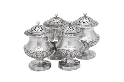 Lot 56 - A rare set of four mid-19th century Indian colonial silver cruets, Bombay circa 1850 by George Regel and Co (active 1844-52)