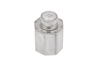 Lot 331 - A George V ‘Arts and Crafts’ sterling silver tea caddy, Birmingham 1916 by Liberty and Co
