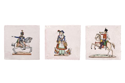 Lot 48 - THREE POTTERY TILES WITH EUROPEAN FIGURES