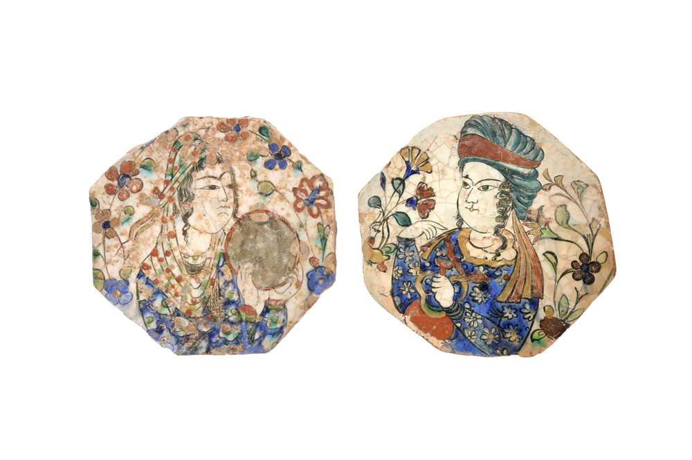 Lot 31 - TWO POLYCHROME-PAINTED FIGURAL KUBACHI POTTERY TILES