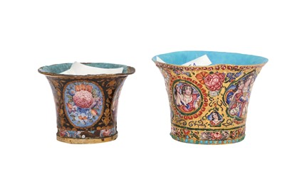 Lot 559 - TWO POLYCHROME-PAINTED ENAMELLED QALYAN CUPS WITH QAJAR MAIDENS