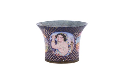 Lot 36 - A QAJAR POLYCHROME-PAINTED ENAMELLED BRASS QALYAN CUP WITH PORTRAITS OF WESTERN BEAUTIES