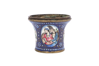 Lot 560 - A QAJAR POLYCHROME-PAINTED ENAMELLED BRASS QALYAN CUP WITH LANDSCAPES AND PORTRAITS