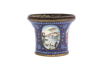 Lot 560 - A QAJAR POLYCHROME-PAINTED ENAMELLED BRASS QALYAN CUP WITH LANDSCAPES AND PORTRAITS