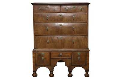 Lot 99 - A QUEEN ANNE STYLE FIGURED WALNUT CHEST ON STAND, 18TH CENTURY AND LATER