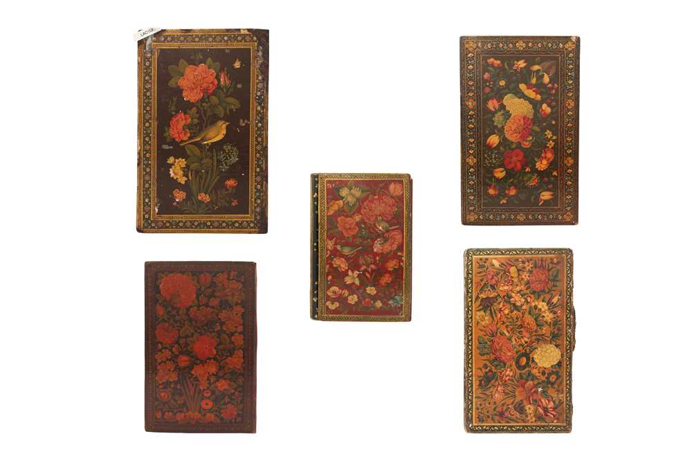 Lot 62 - FOUR LACQUERED PAPIER-MÂCHÉ BOOKBINDINGS AND A SINGLE LOOSE BOOK COVER