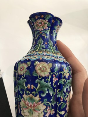 Lot 201 - A CHINESE FAMILLE ROSE CANTON ENAMEL BLUE-GROUND VASE.