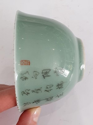 Lot 676 - A CHINESE FAMILLE ROSE CELADON-GROUND BOWL.