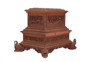 Lot 245 - A FINELY CARVED LARGE SANDALWOOD CASKET WITH FIGURAL AND ANIMAL DECORATION