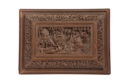 Lot 245 - A FINELY CARVED LARGE SANDALWOOD CASKET WITH FIGURAL AND ANIMAL DECORATION