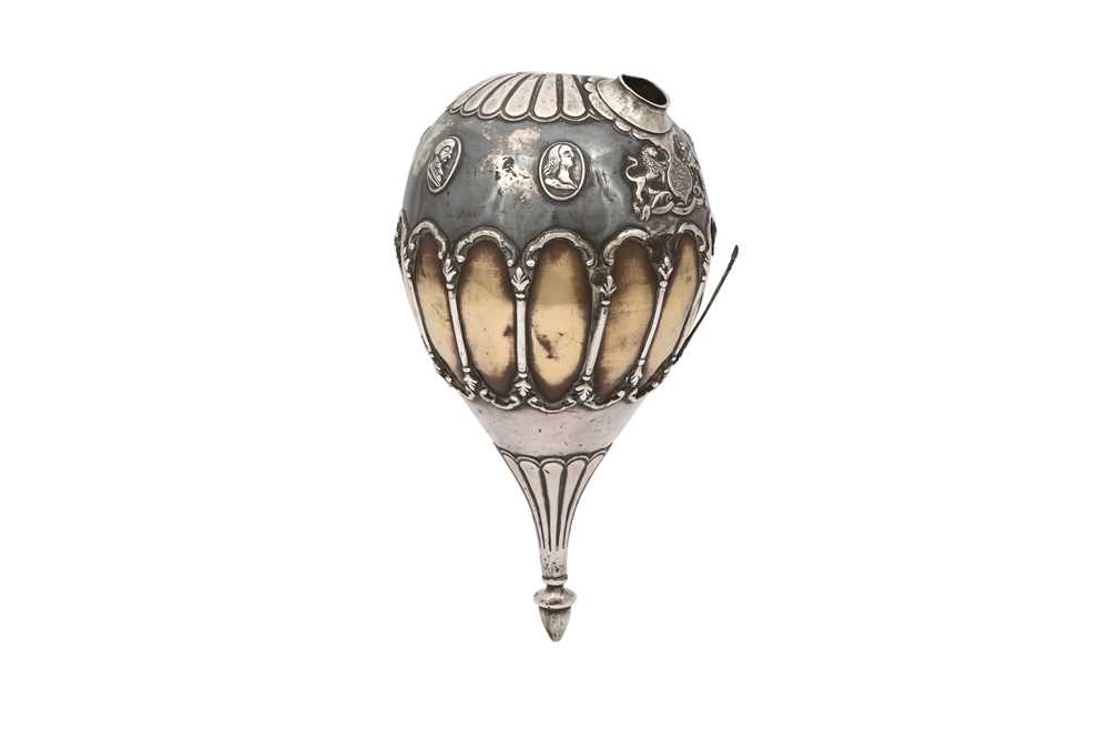 Lot 370 - A QAJAR SILVER AND COPPER QALYAN BOTTLE WITH A STYLISED VERSION OF THE BRITISH CREST