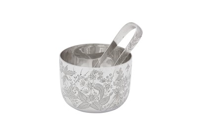 Lot 50 - A late 19th century Indian colonial silver sugar bowl and pair of sugar tongs, Madras circa 1880 by Peter Orr and Sons