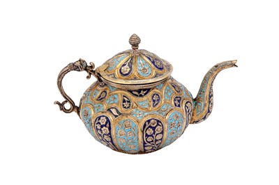 Lot 66 - An early 20th century Anglo – Indian unmarked silver parcel gilt and enamel teapot, Kashmir, Srinagar circa 1900-20