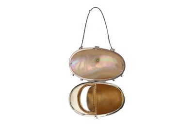 Lot 223 - A CASED MID-20TH CENTURY BURMESE UNMARKED SILVER MOUNTED CLAM SHELL PURSE CUM COMPACT, RANGOON CIRCA 1960