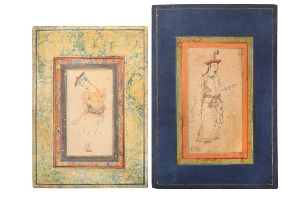 Lot 359 - TWO ARCHAISTIC SAFAVID REVIVAL-STYLE TINTED DRAWINGS OF YOUTHS