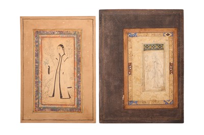 Lot 298 - TWO ARCHAISTIC SAFAVID REVIVAL-STYLE TINTED DRAWINGS OF A LADY AND TWO MEN