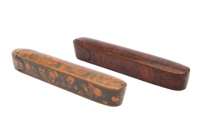 Lot 51 - TWO LACQUERED PAPIER-MÂCHÉ PEN CASES (QALAMDAN) WITH STANDING PORTRAITS OF INDIAN MAIDENS