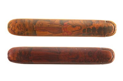 Lot 51 - TWO LACQUERED PAPIER-MÂCHÉ PEN CASES (QALAMDAN) WITH STANDING PORTRAITS OF INDIAN MAIDENS