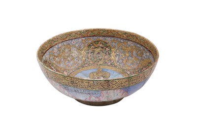 Lot 18 - A POLYCHROME-ENAMELLED AND GILT POTTERY BOWL WITH A PORTRAIT OF SHAH ABBAS I