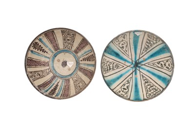 Lot 14 - TWO KASHAN POTTERY BOWLS WITH PANEL-STYLE DECORATION