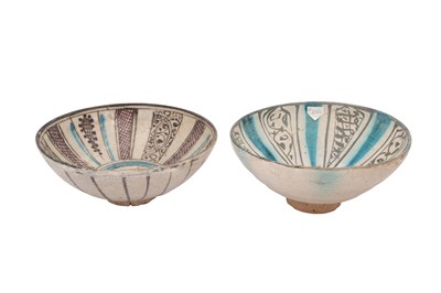 Lot 14 - TWO KASHAN POTTERY BOWLS WITH PANEL-STYLE DECORATION