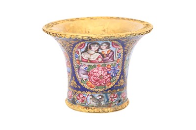 Lot 40 - A POLYCHROME-PAINTED ENAMELLED GOLD QALYAN CUP WITH QAJAR YOUTHS AND MAIDENS