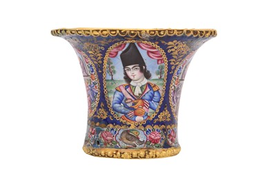 Lot 40 - A POLYCHROME-PAINTED ENAMELLED GOLD QALYAN CUP WITH QAJAR YOUTHS AND MAIDENS