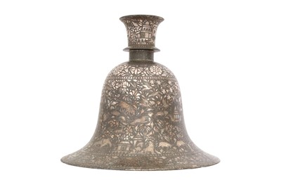 Lot 54 - A BIDRI SILVER-INLAID HUQQA BASE WITH SAILING VESSELS IN A RIVER AND WILD ANIMALS