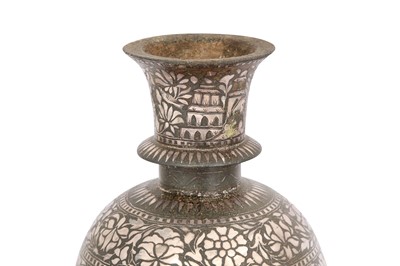 Lot 562 - A BIDRI SILVER-INLAID HUQQA BASE WITH SAILING VESSELS IN A RIVER AND WILD ANIMALS