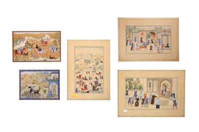 Lot 85 - FIVE IMAMI-STYLE PAINTINGS WITH LITERARY AND HUNTING SCENES