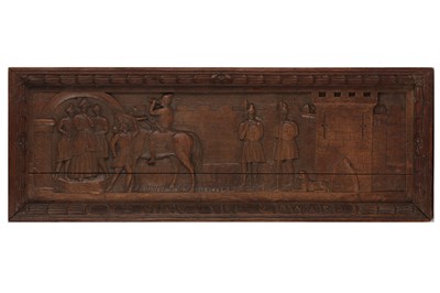 Lot 216 - A CARVED OAK PANEL DEPICTING THE ASSASSINATION OF EDWARD THE MARTYR