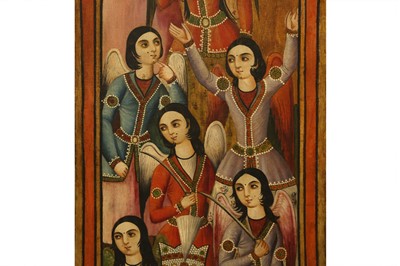 Lot 22 - A LARGE RECTANGULAR-CUT PANEL FROM A MONUMENTAL QAJAR OIL PAINTING