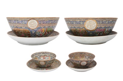 Lot 75 - FOUR PORCELAIN BOWLS AND SAUCERS WITH 'FAMILLE ROSE' DECORATION IN THE ZILL AL-SULTAN'S SERVICE