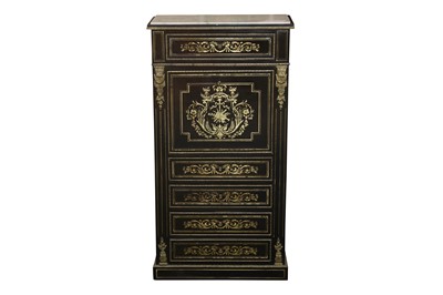 Lot 111 - AN EBONISED AND BRASS INLAID SECRETAIRE ABATTANT