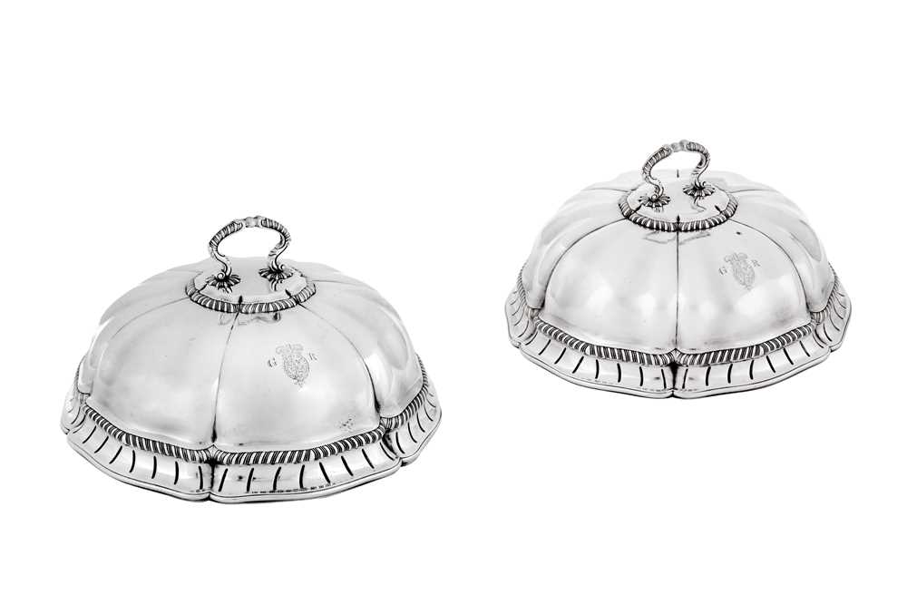 Lot 491 - Royal Ambassadorial – A pair of George III sterling silver second course dish covers, London 1771 by Thomas Heming overstriking James and Sebastian Crespell