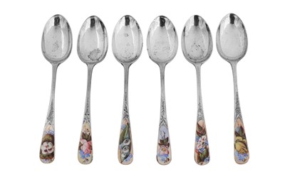Lot 290 - A cased set of Victorian sterling silver and enamel teaspoons, London 1887 by George Maudsley Jackson