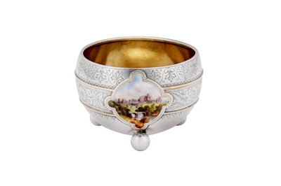 Lot 402 - A Victorian sterling silver and enamel sugar bowl, Birmingham 1886 by Elkington and Co