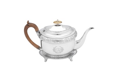 Lot 474 - A George III sterling silver teapot on stand, London 1803 by John Emes (this mark reg. 10th Jan 1798)
