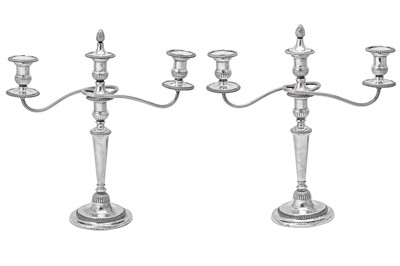 Lot 493 - Earl of Ormond - A pair of George III / Elizabeth II sterling silver candelabra, the candlesticks Birmingham 1807 by Matthew Boulton
