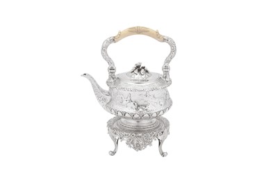 Lot 459 - Horse Riding interest – A George IV sterling silver kettle on stand, London 1825, the kettle by Benjamin Smith