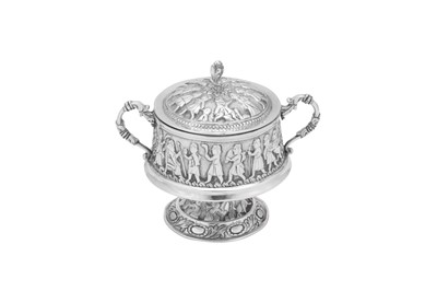 Lot 158 - An early 20th century Iranian (Persian) unmarked silver covered twin handled sugar bowl, Kermanshah circa 1920