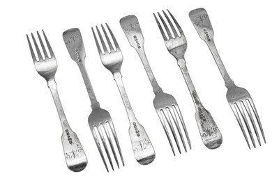 Lot 301 - A set of six William IV provincial sterling silver table forks, York 1835 by James Barber & William North