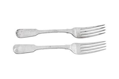 Lot 300 - A pair of William IV provincial sterling silver table forks, York 1835 by James Barber & William North