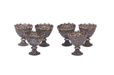 Lot 107 - A set of six mid-19th century Chinese Export silver gilt filigree and cloisonné enamel zarfs, Canton circa 1860 mark of Khecheong