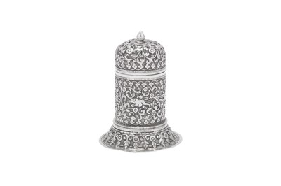 Lot 80 - A heavy late 19th century Anglo – Indian unmarked silver sugar caster, Cutch circa 1890