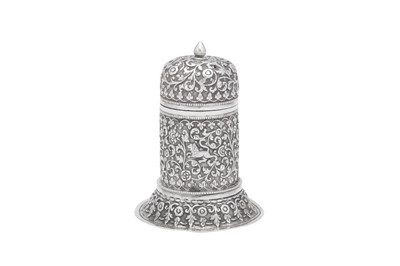 Lot 80 - A heavy late 19th century Anglo – Indian unmarked silver sugar caster, Cutch circa 1890