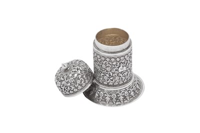 Lot 80 - A heavy late 19th century Anglo – Indian unmarked silver sugar caster, Cutch circa 1890